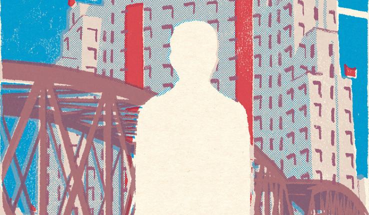Outline of a person with cityscape behind them