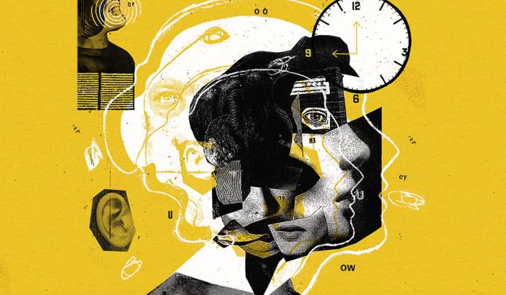 Profile view of a head with a clock