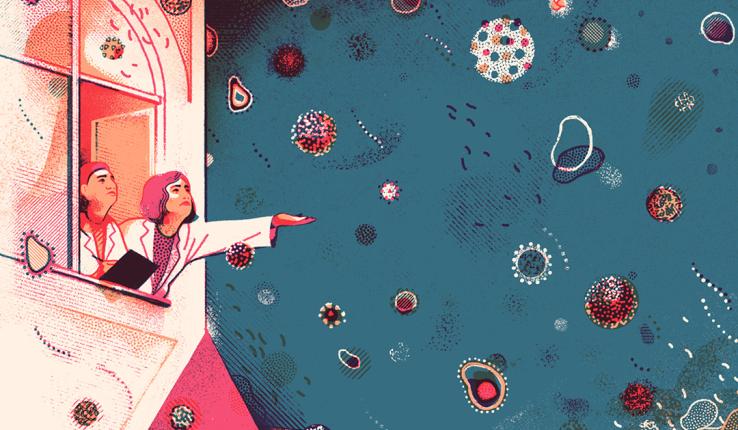 Colorful illustration of researches reaching through window toward cells floating in the sky