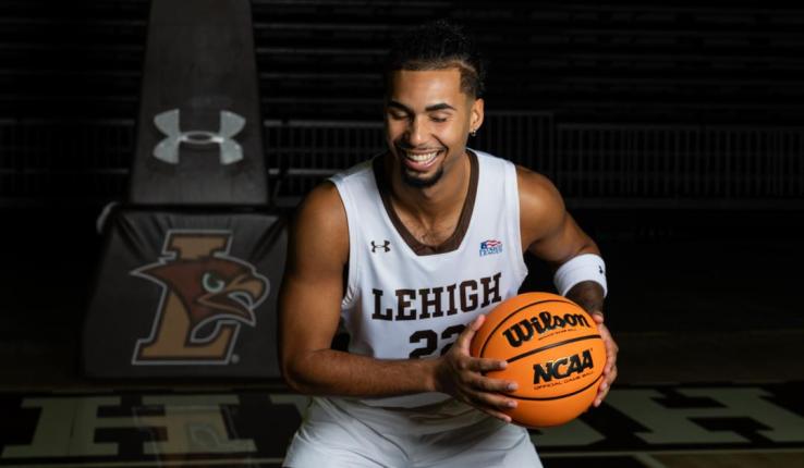 Lehigh men's basketball senior guard Tyler Whitney-Sidney on the Lehigh basketball court.