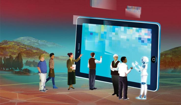 An illustration of a diverse group of people interacting with a large tablet in a scenic landscape.