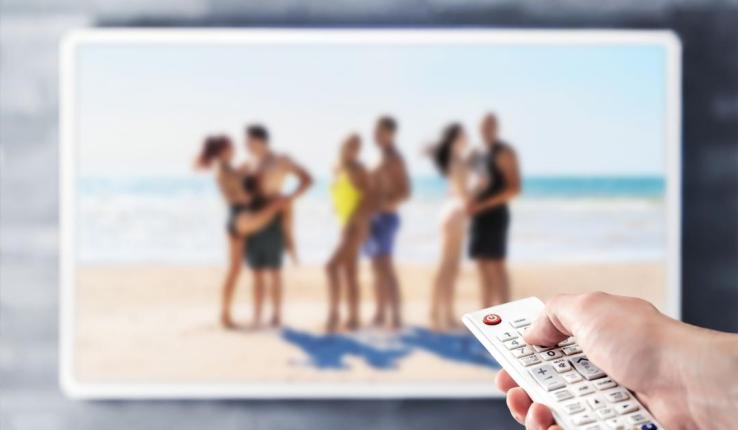 A hand holding a remote control with a blurred beach scene on a TV screen.