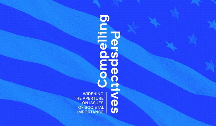 "Compelling Perspectives" text over a stylized blue waving American flag graphic.