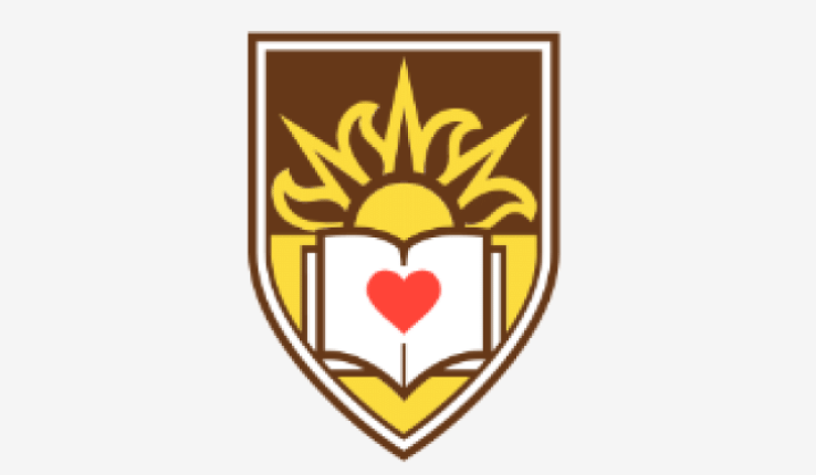 Shield logo featuring a yellow sun rising over an open white book with a red heart.