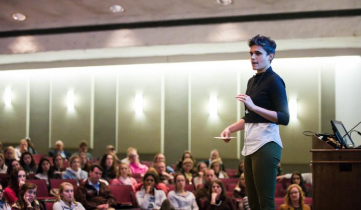 ESPN commentator Kate Fagan speaks onstage to Lehigh University student athletes