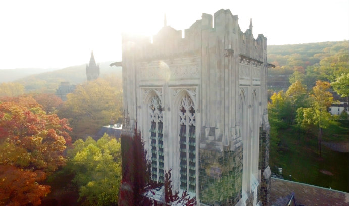 Image taken by drone of Lehigh University's Alumni Memorial Building