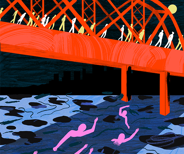 People walking on a bridge with people swimming in the water below