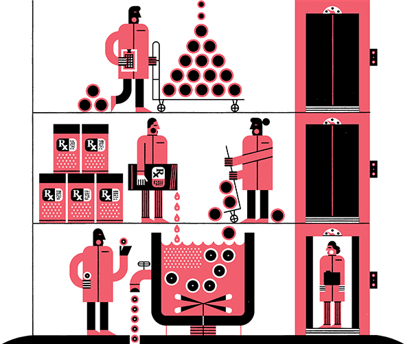 Illustration of person pouring prescription medicine into a vat